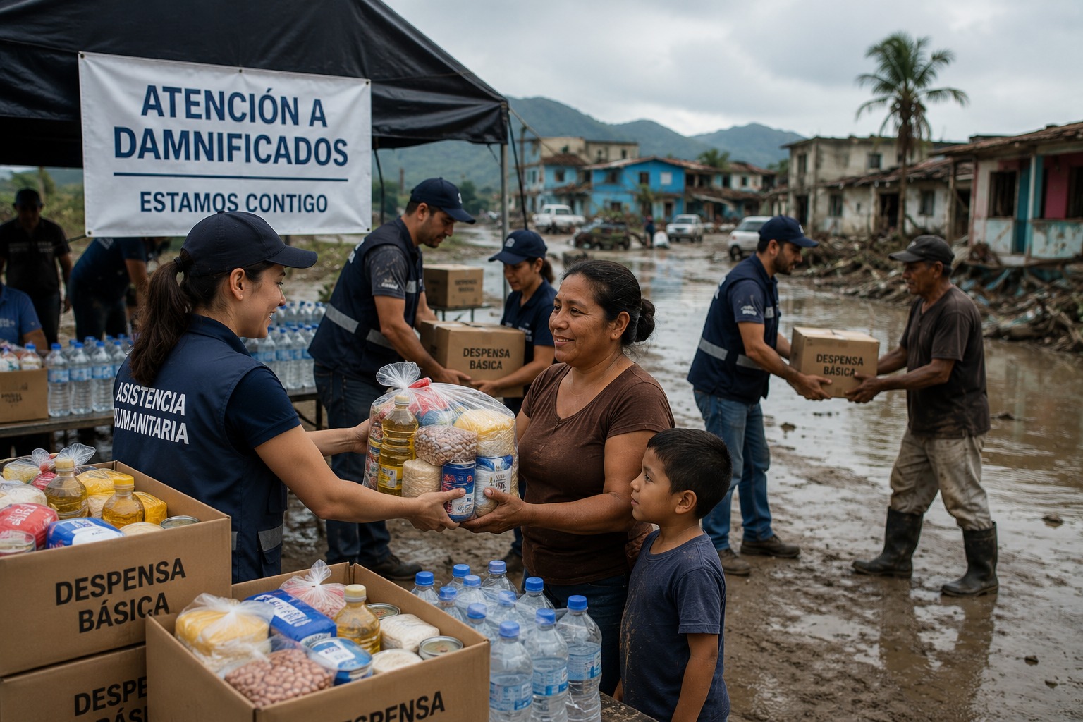 Voluntarios de Fundación Chedraui descargando despensas de un camión
